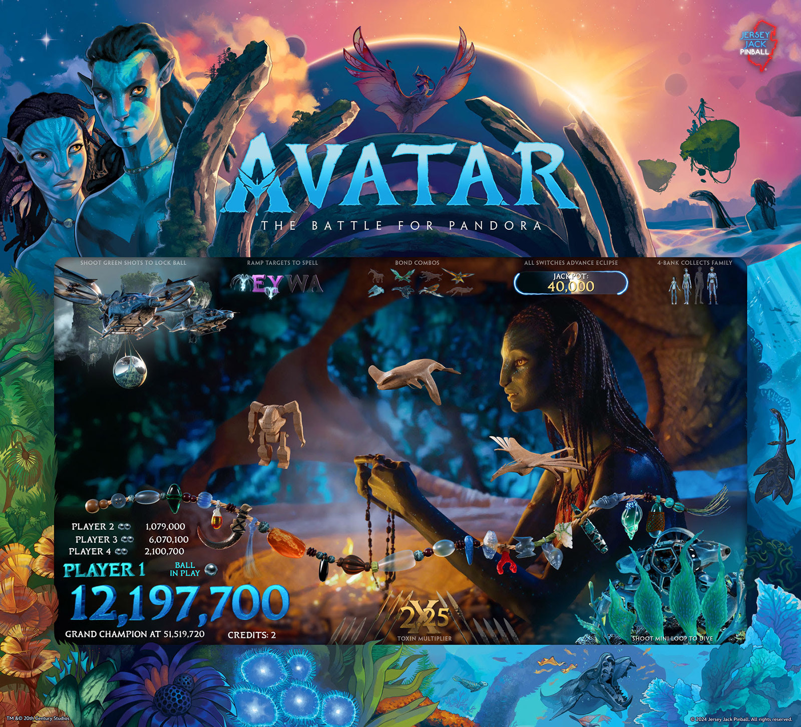 Avatar: The Battle for Pandora (LE) is a high-end pinball machine by Jersey Jack Pinball, offering an immersive experience based on the blockbuster movie franchise. It includes intricate artwork, cutting-edge features, and advanced gameplay mechanics.
