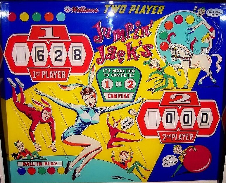 Jumpin' Jack's is a classic electro-mechanical pinball machine manufactured by Williams in 1963. It features bright colors and a vintage design that's typical of pinball machines from this era.