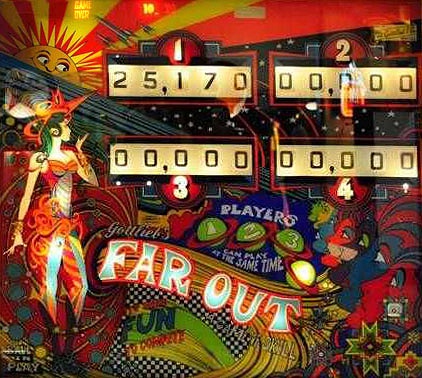 Far Out is a 1974 pinball machine designed by Ed Krynski and manufactured by Gottlieb. It features a bowling theme with vibrant artwork.