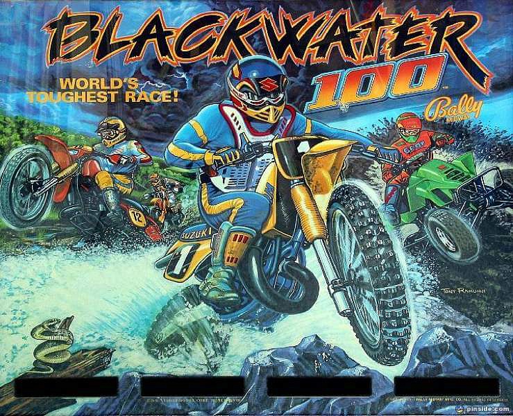 Blackwater 100 is a pinball machine designed by Dennis Nordman and released by Bally in 1988. It is themed around off-road motorcycle racing, featuring unique playfield elements and fast-paced gameplay.