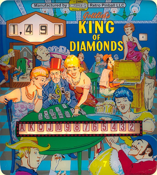 King of Diamonds is a reproduction of a classic pinball machine originally designed by Gottlieb in 1967, brought back to life by Retro Pinball in 2010.