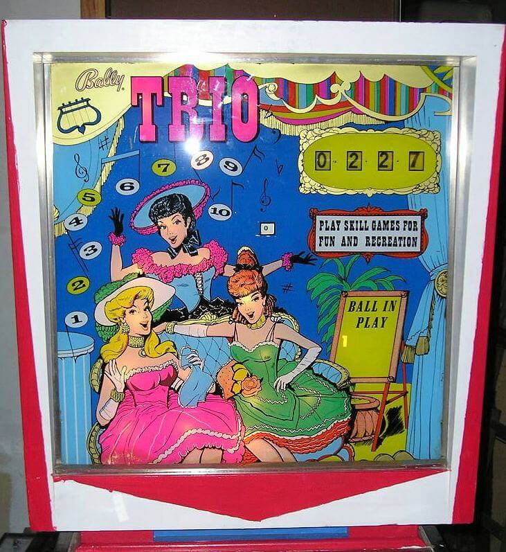 Trio is an electro-mechanical pinball machine released by Bally in 1965. It features captivating artwork and classic pinball mechanics.