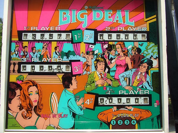 Big Deal is a classic electromechanical pinball machine released by Williams in 1977. The game features a poker theme, capturing the excitement of card games with its unique playfield design and artwork.