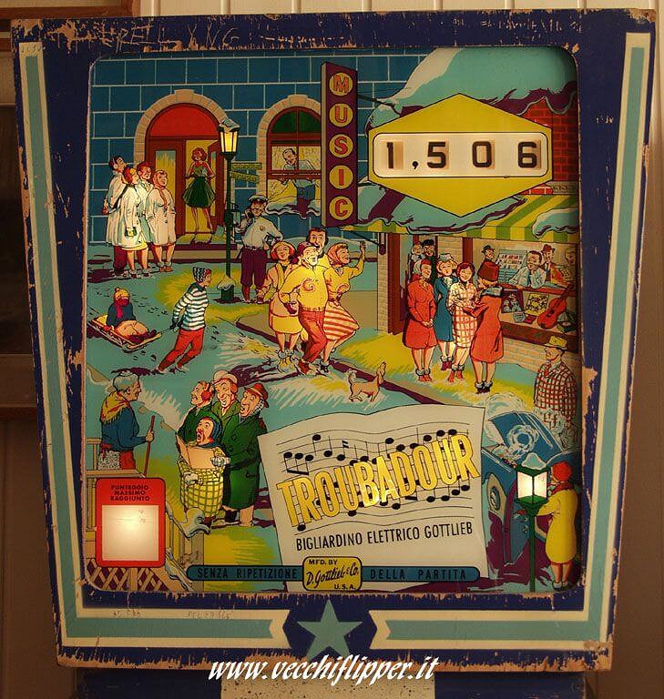Troubadour is a pinball machine released by Gottlieb in 1967 featuring a musical theme that evokes the spirit of traveling musicians and entertainers known as troubadours.