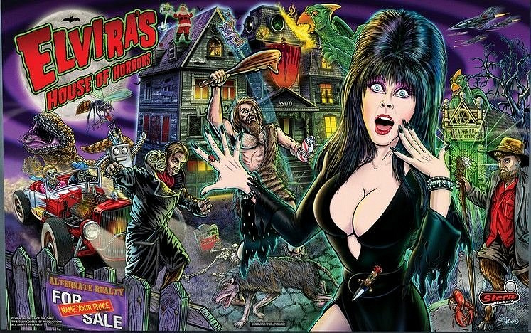 A pinball machine based on the spooky, comedic style of Elvira, featuring a signature edition by Stern.