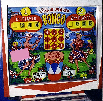 Bongo is an electro-mechanical pinball machine released by Bally in 1964. It features a tropical theme with vibrant artwork.