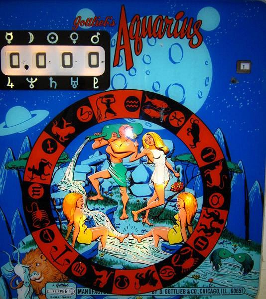 Aquarius is an electro-mechanical pinball machine released by Gottlieb in 1970, featuring a zodiac theme with vibrant backglass art.