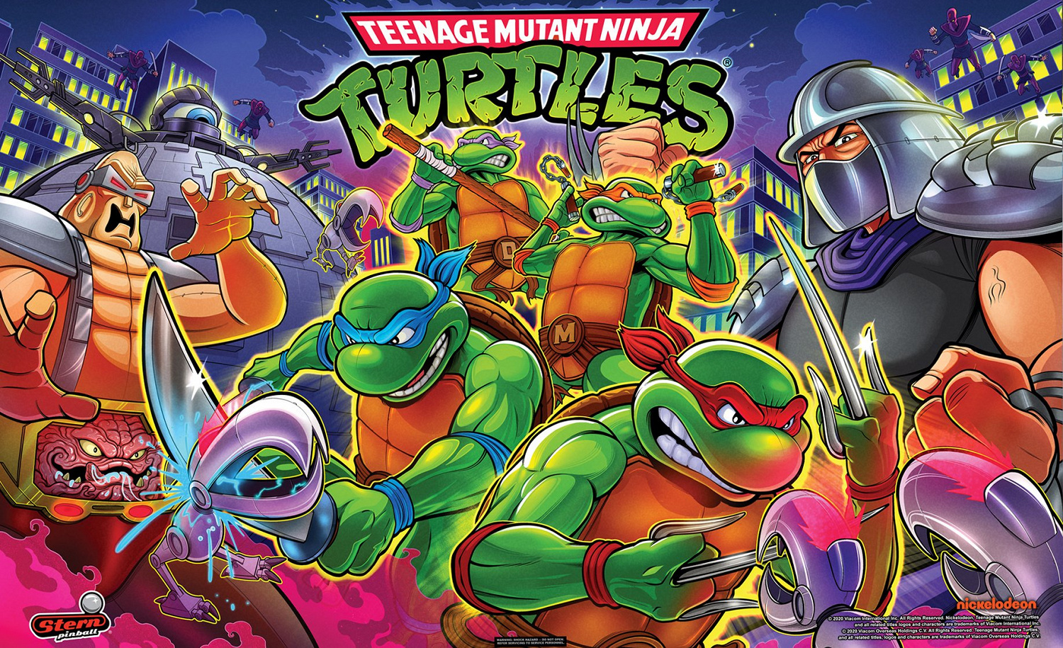 A pinball machine by Stern that features the Teenage Mutant Ninja Turtles, incorporating elements from the beloved comic and animated series.