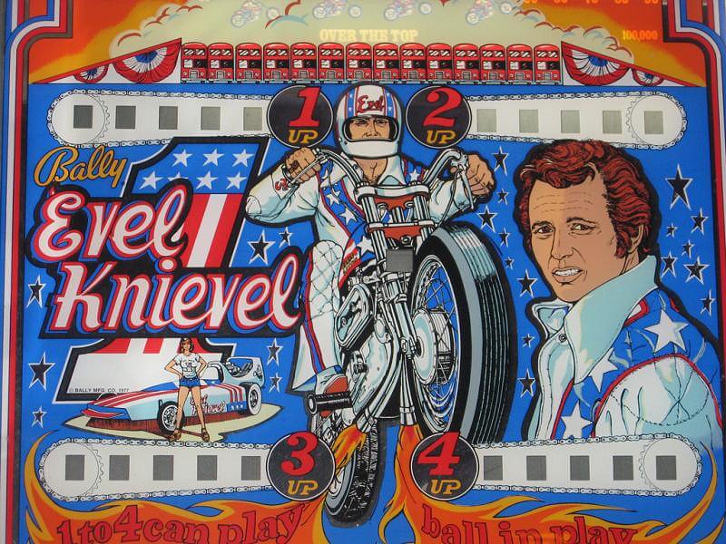 A classic electro-mechanical pinball machine by Bally, themed around the famous stunt performer Evel Knievel.
