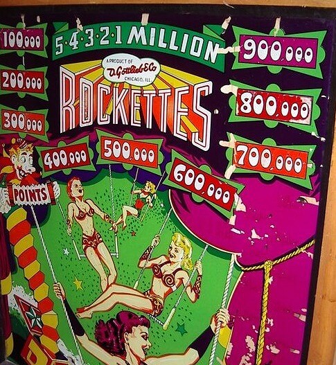 Rockettes is a pinball machine released by Gottlieb in 1950. It features thematic artwork reflective of its time, representing showgirls in various dance poses.