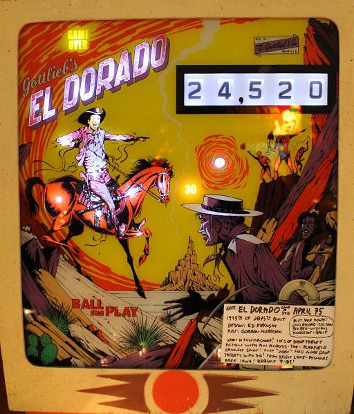 El Dorado is a classic electro-mechanical pinball machine designed by Ed Krynski and released by Gottlieb in 1975. It is known for its western-themed artwork and unique playfield design featuring a series of drop targets.