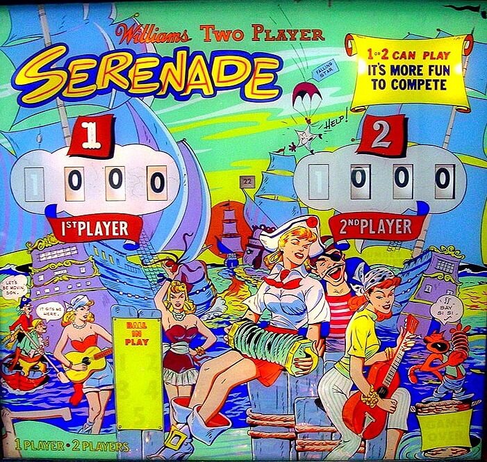 Serenade is a vintage pinball machine designed and manufactured by Williams in 1960. Known for its classic gameplay and mechanical features characteristic of the era.