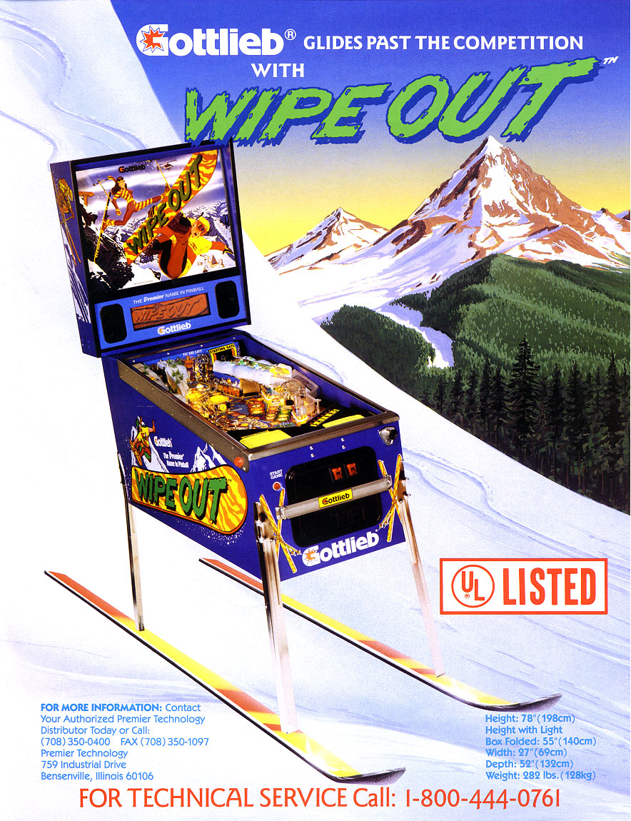 Wipe Out is a pinball machine designed by Gottlieb, released in 1992. It features a ski resort theme with various ramps and challenges that mimic skiing activities.