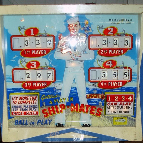 Ship-Mates is a vintage electromechanical pinball machine released by Gottlieb in 1964. It features a nautical theme with artwork depicting sailors and ships.