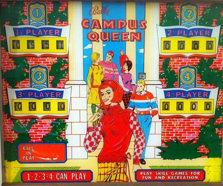 Campus Queen is a 1966 pinball machine produced by Bally. It's a classic example of the electromechanical pinball machines of the era, featuring artwork depicting a collegiate theme.