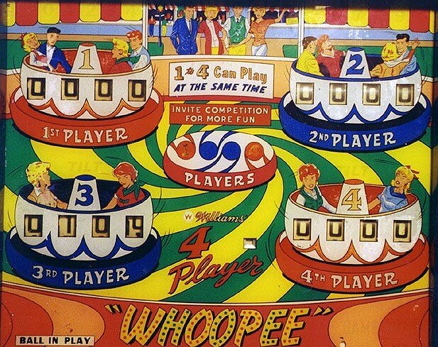 Whoopee is a pinball machine released by Williams in 1964. This vintage game is notable for its vibrant artwork and engaging playfield features from the mid-20th century.