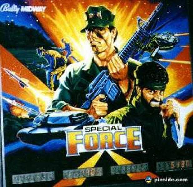 Special Force is a military-themed pinball machine released by Bally in 1986, featuring high-action gameplay inspired by military special forces operations.