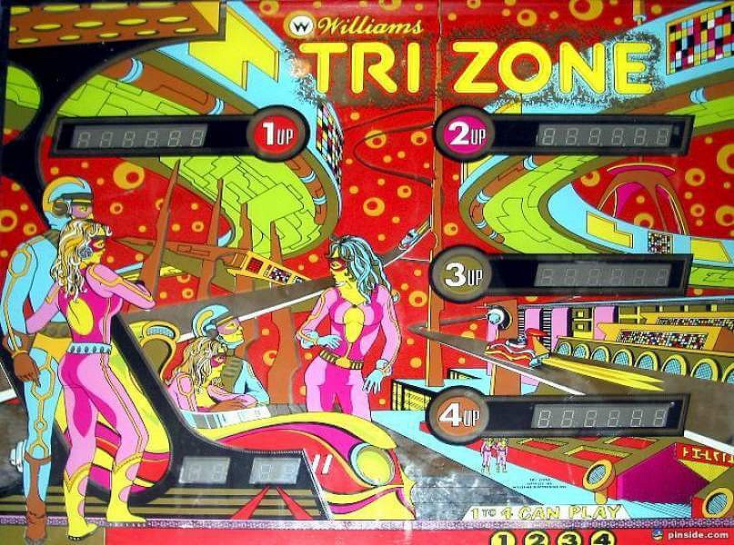 Tri Zone is a solid-state pinball machine released by Williams in 1979. It features a space and sports theme, with artwork and gameplay reflecting a mix of both.