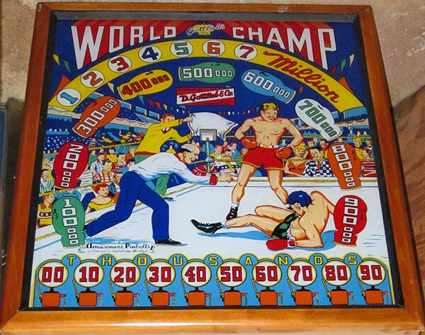 World Champ is a pinball machine released by Gottlieb in 1957. It features a boxing theme with vibrant artwork and engaging gameplay.