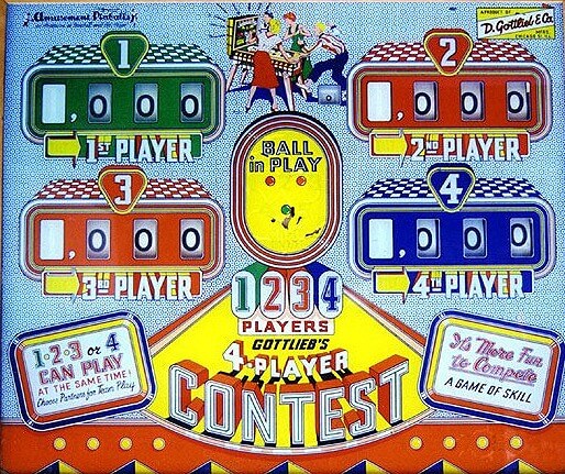 Contest is a pinball machine manufactured by Gottlieb, released in the year 1958. It features classic electromechanical operations and is designed for entertainment with simple yet engaging gameplay.