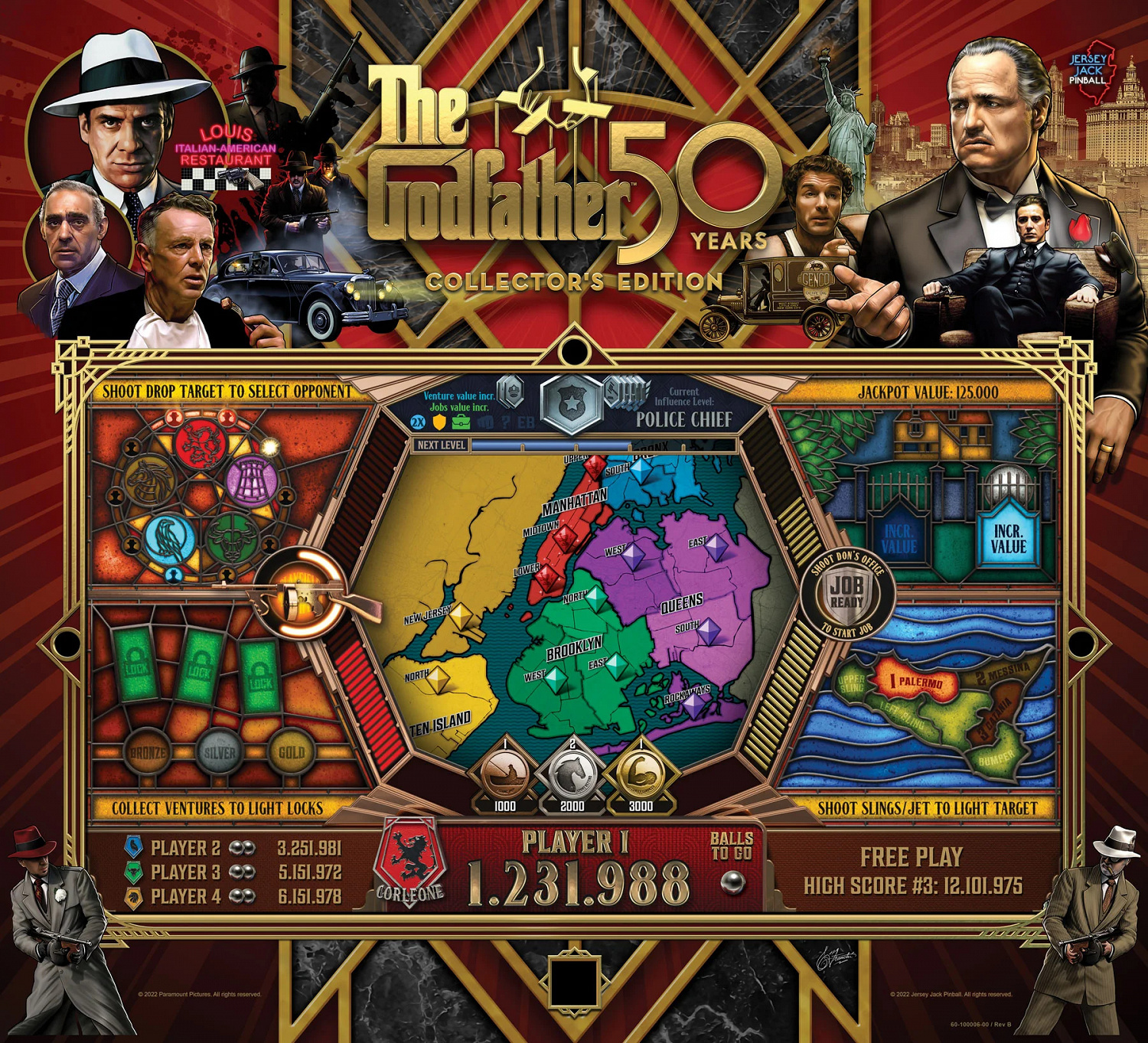 The Godfather Collector's Edition (CE) is a unique and immersive pinball machine from Jersey Jack Pinball, based on the classic film trilogy. This premium edition offers exclusive gameplay features and stunning artwork.
