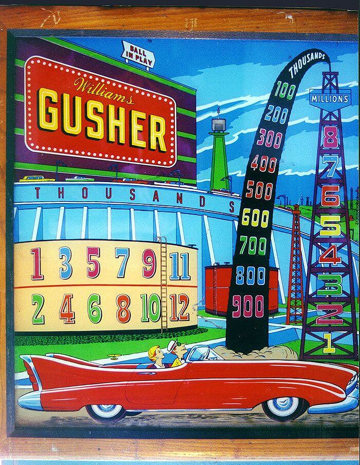 Gusher is an electro-mechanical pinball machine released by Williams in 1958. The game features a mining/energy theme, focusing on the search and extraction of oil.