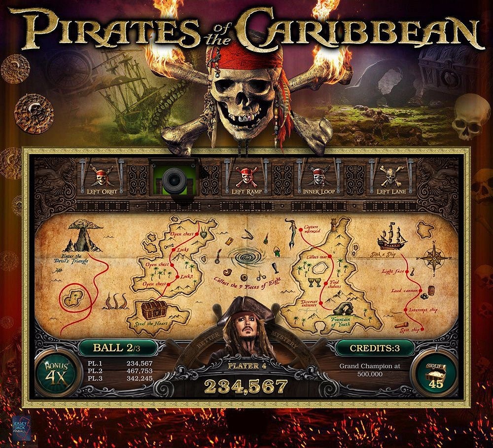 A pinball machine released by Jersey Jack Pinball in 2017, themed around the popular 'Pirates of the Caribbean' film franchise. It features intricate mechanics and animations, taking inspiration from the movies in both design and gameplay elements.