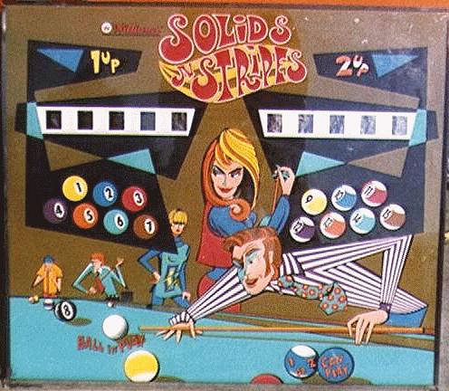 Solids N Stripes is a classic pinball machine released by Williams in 1971. It features a pool theme with artwork representing billiard balls and cues. The gameplay involves hitting specific targets to earn points and reach objectives tied to billiards.