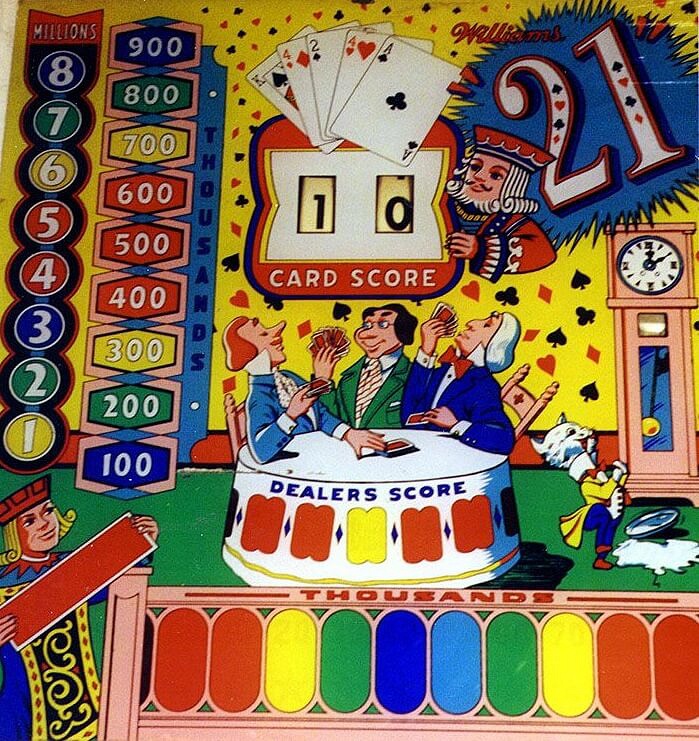 21 is an electro-mechanical pinball machine designed and manufactured by Williams in 1960. It's themed around the popular card game Blackjack.