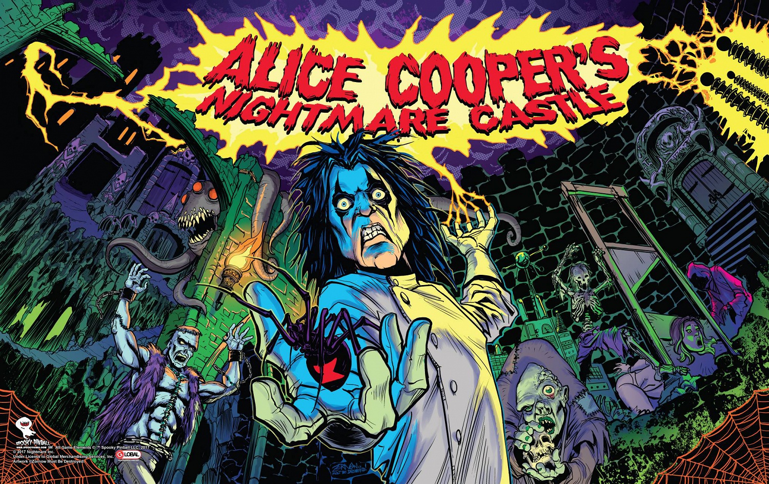 Alice Cooper's Nightmare Castle is a horror-themed pinball machine designed by Spooky Pinball. The game immerses players into a spooky castle filled with monsters and challenging gameplay, featuring music and voiceovers by Alice Cooper himself.