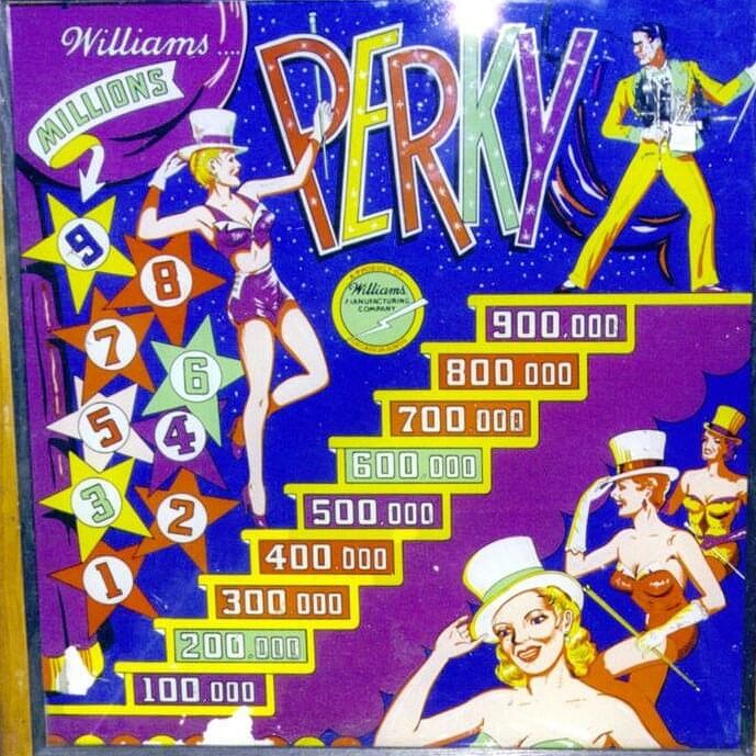 Perky is a vintage pinball machine produced by Williams in 1956. It is a classic electromechanical game with a traditional playfield layout characteristic of its time.