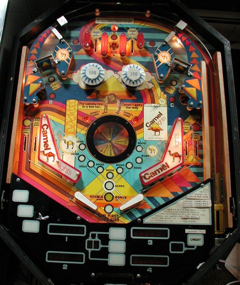 Camel Lights is a solid-state pinball machine produced by Game Plan in 1978. The theme of the machine centers around a desert and camel motif, typical of the late 70s era designs.