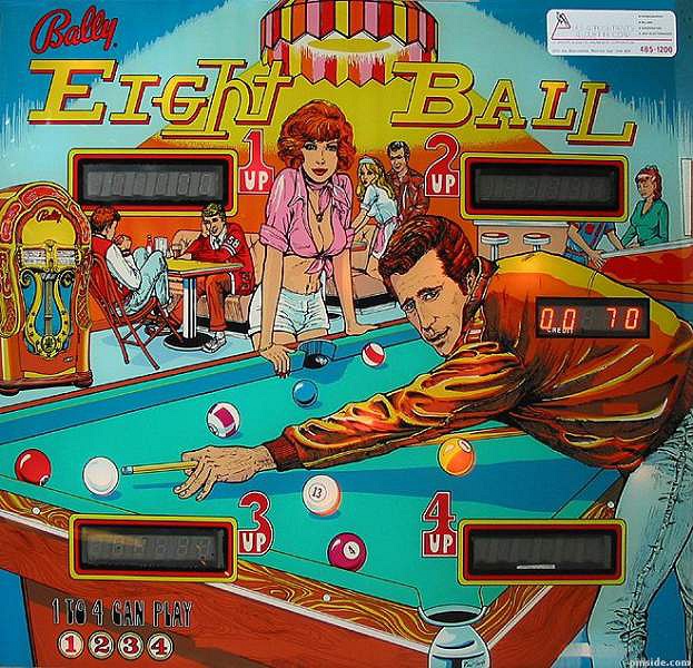 Eight Ball is a pinball machine released by Bally in 1977, themed around the pool game of the same name. The machine features a mix of pool-related artwork and gameplay elements.