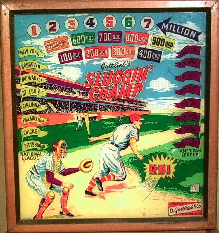 Sluggin' Champ is a baseball-themed electro-mechanical pinball machine released by Gottlieb in 1955. It features a pitching and batting mechanism simulating a baseball game.