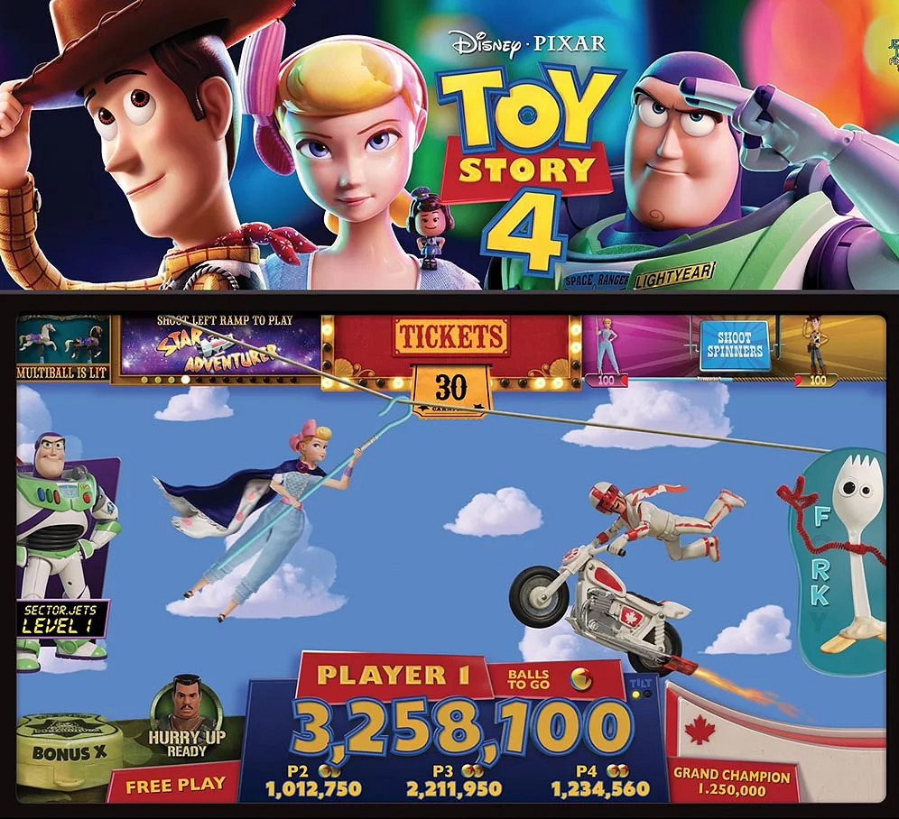 Toy Story 4 (LE) is a pinball machine by Jersey Jack Pinball, inspired by the Pixar movie 'Toy Story 4'. It features a vibrant playfield and interactive elements based on the film.