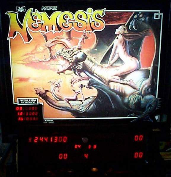 Nemesis is a solid state pinball machine produced by Peyper in 1985. It features an engaging gameplay with a space-themed design.