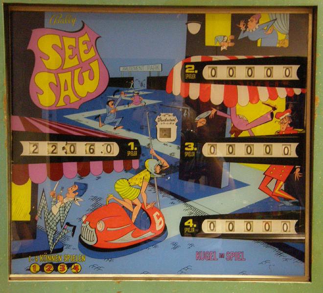 See Saw is an electro-mechanical pinball machine released by Bally in 1970. It features a circus theme and showcases the classic gameplay typical of the era with vibrant graphics and engaging mechanical features.