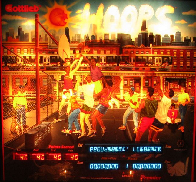 Hoops is a basketball-themed pinball machine released by Gottlieb in 1991, designed by John Trudeau with artwork by Constantino Mitchell.