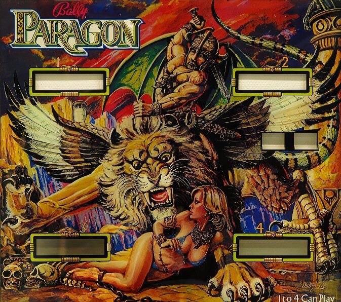 Paragon is a wide-body pinball machine designed by Greg Kmiec and produced by Bally in 1979. It features a fantasy theme with artwork by Paul Faris, depicting a mythical world with a large winged beast.