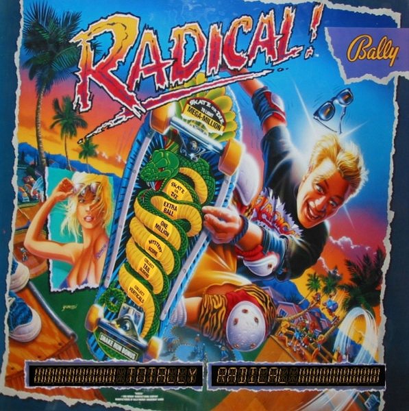Radical! is a skateboarding-themed pinball machine created by Bally in 1990. It is known for its vibrant art, unique gameplay features, and engaging playfield design.