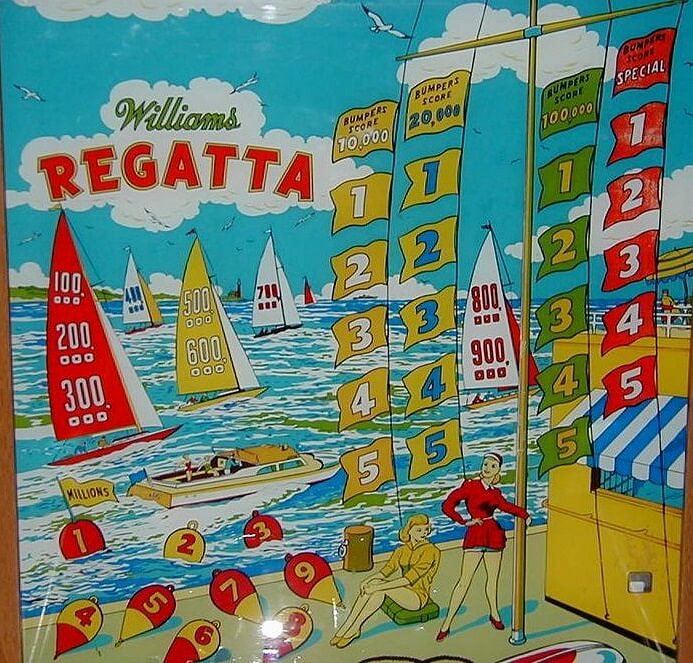 Regatta is a vintage pinball machine produced by Williams in 1955. It is known for its nautical theme and mechanical gameplay typical of that era.