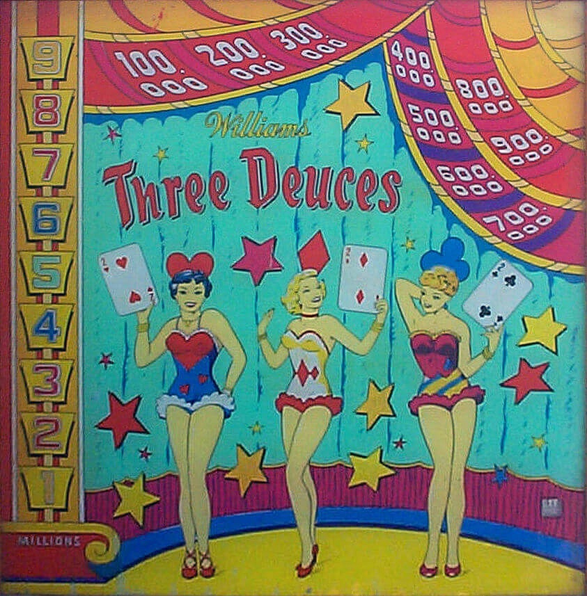 Three Deuces is a classic pinball machine released by Williams in 1955. It features a traditional design typical of the mid-1950s pinball games.