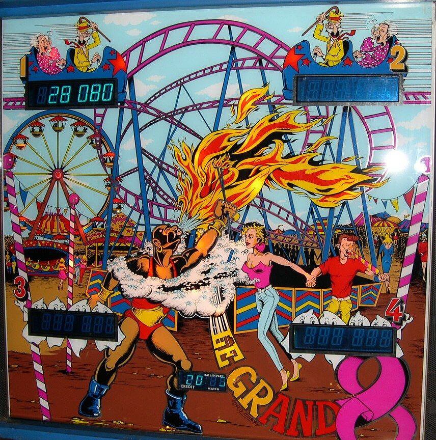Le Grande 8 is a pinball machine released in 1984 by K.C. Tabart, known for its unique amusement park theme, featuring a rollercoaster motif.