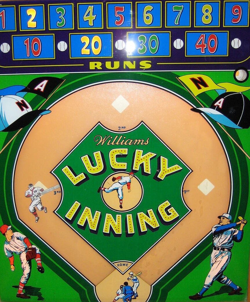 Lucky Inning is a classic baseball-themed pinball machine produced by Williams in 1950. It features a mechanical design typical of the era, capturing the excitement of America's favorite pastime with innovative gameplay for its time.