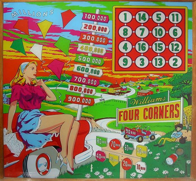 Four Corners is a classic pinball machine designed and manufactured by Williams Electronics in 1952. It features a distinctive layout and gameplay that was typical of the early 1950s pinball machines.