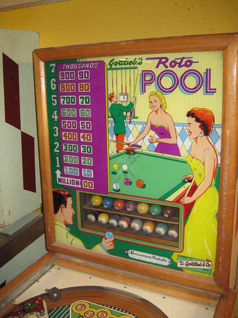 Roto Pool is a pinball machine themed around the game of pool, manufactured by Gottlieb in 1958. It features vintage design elements characteristic of the era.