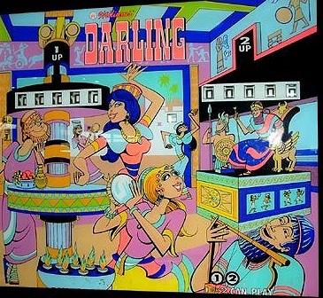 Darling is a pinball machine produced by Williams in 1973. It's known for its classic electromechanical design and vibrant playfield artwork.