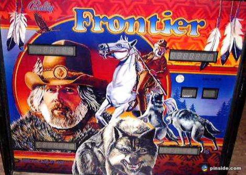 Frontier is a pinball machine produced by Bally in 1980, featuring a wilderness theme with bears, wolves, and adventure elements.