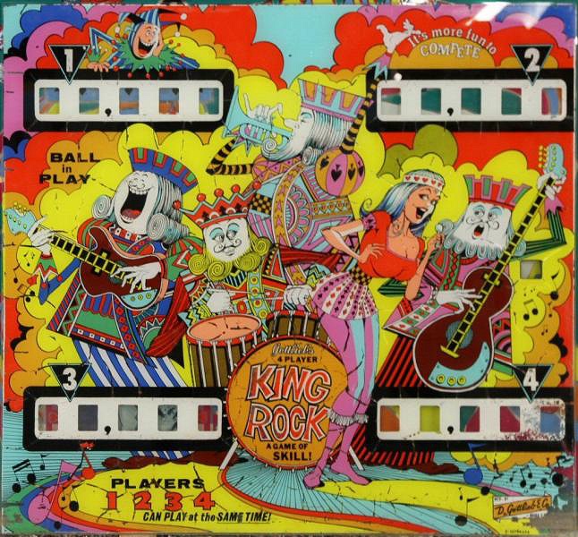 King Rock is an electro-mechanical pinball machine designed by Gottlieb, released in 1972. It features a rock and roll theme with vibrant artwork and mechanical chimes.