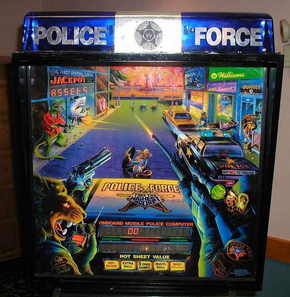 Police Force is a crime-themed pinball machine manufactured by Williams in 1989. The game theme is centered around law enforcement, with police cars and criminals as key elements.
